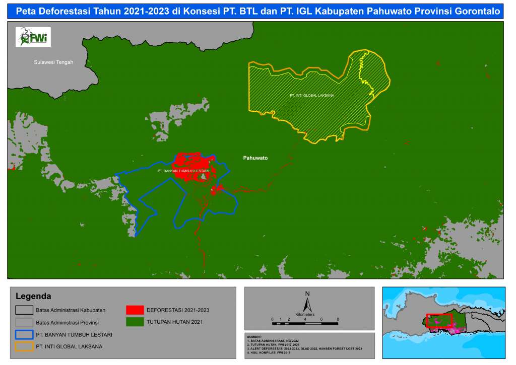 Gambar 1. Peta deforestasi di konsesi PT BTL dan PT IGL Kabupaten Pohuwato gorontalo