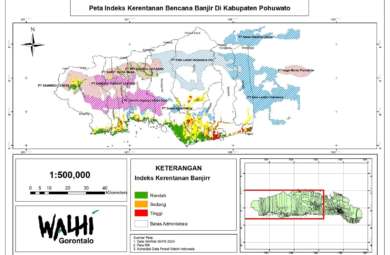 Gambar 1. Indeks kerentanan banjir yang tinggi terletak di wilayah hilir, yang bergantung pada tutupan hutan di wilayah hulu yang telah dikuasai konsesi.