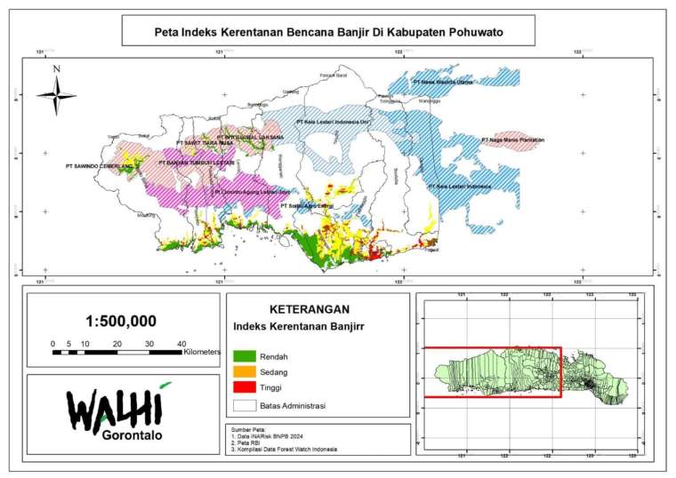 Gambar 1. Indeks kerentanan banjir yang tinggi terletak di wilayah hilir, yang bergantung pada tutupan hutan di wilayah hulu yang telah dikuasai konsesi.