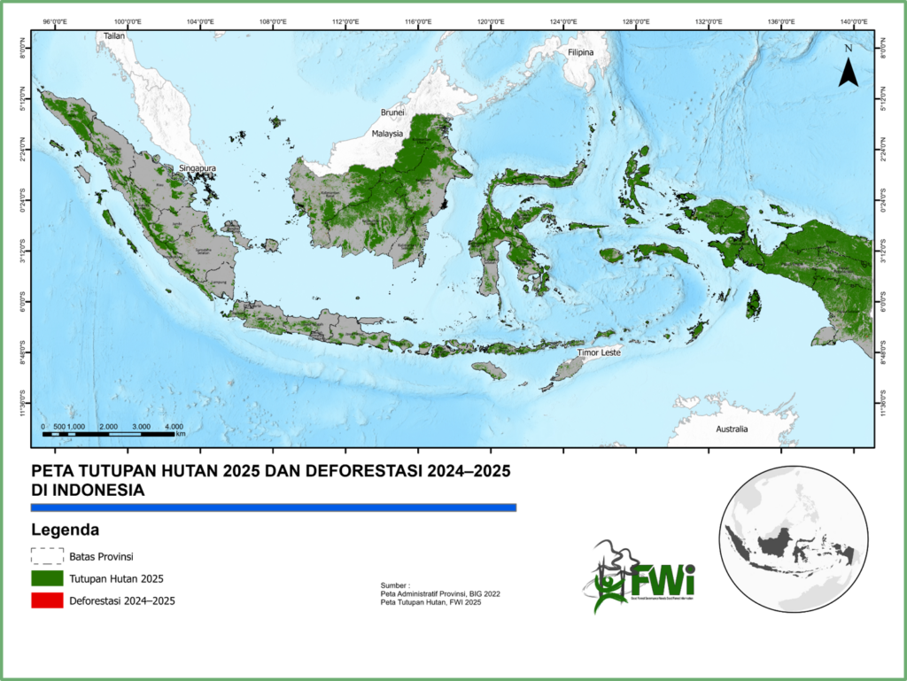 Peta tutupan hutan 2025 dan deforestasi 2024-2025 di Indonesia